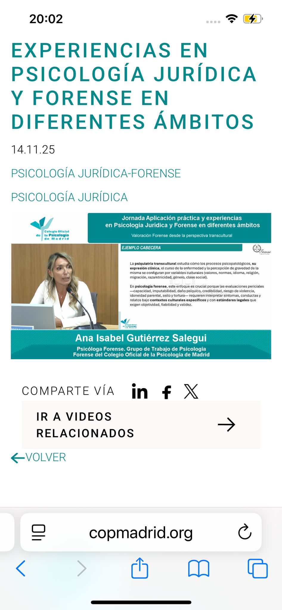 Video completo de la Jornada sobre Psicología Jurídica y Forense en diferentes ámbitos